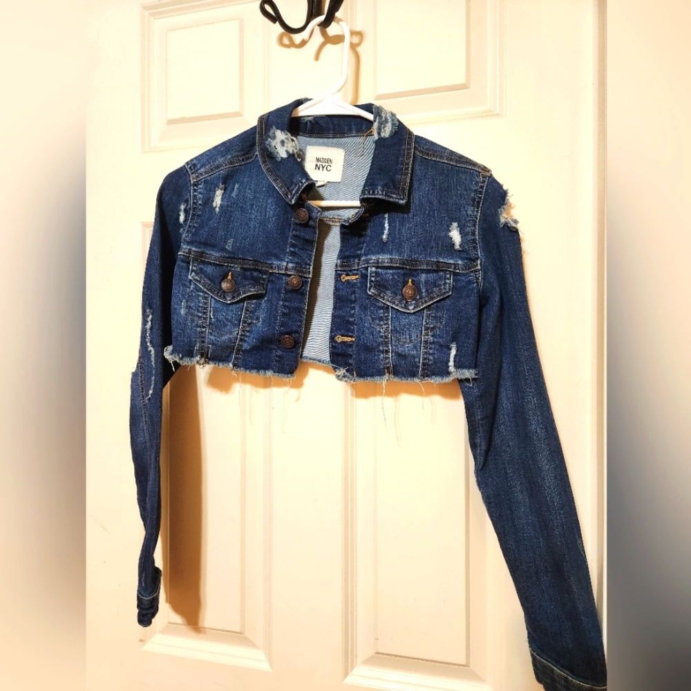 Ladies Madden NYC blue jean crop jacket Sz XS
